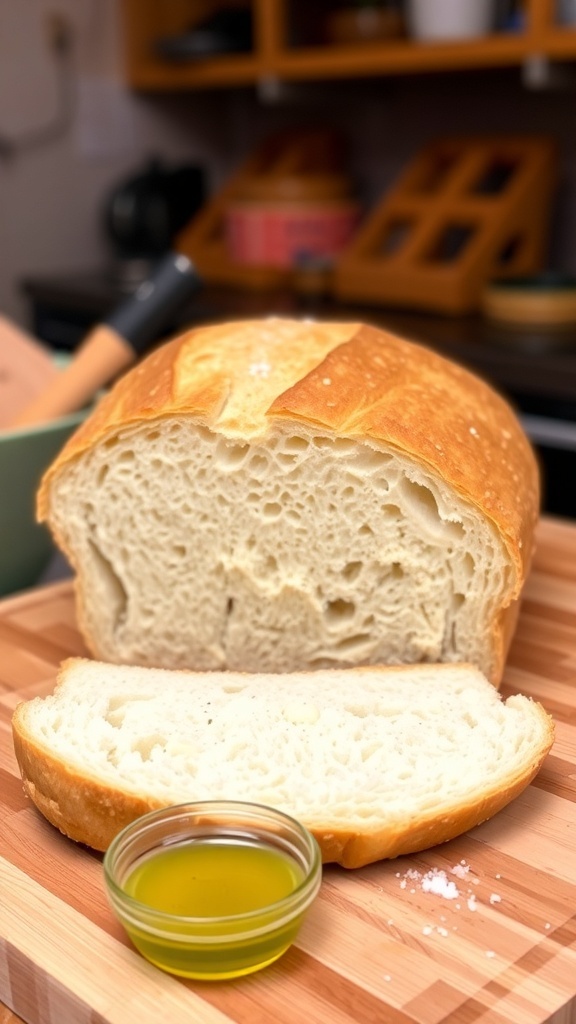 Gluten-Free Sourdough Bread Recipe A golden crusted gluten-free sourdough bread loaf sliced on a wooden board with olive oil and salt.
